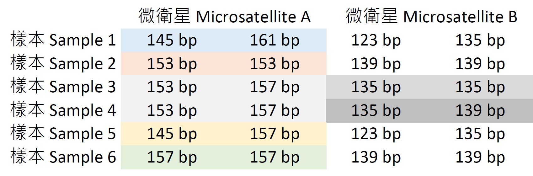 六個糞便樣本的兩組微衛星數據。