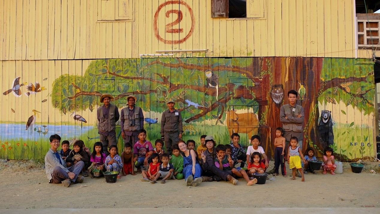 KFBG staff, the newly-established banteng monitoring team and local villagers adorned the wall of one of the buildings at our project site with drawings of local endangered wildlife like Banteng (Bos javanicus), Green Peafowl (Pavo muticus) and Black-shanked Douc (Pygathrix nigripes).