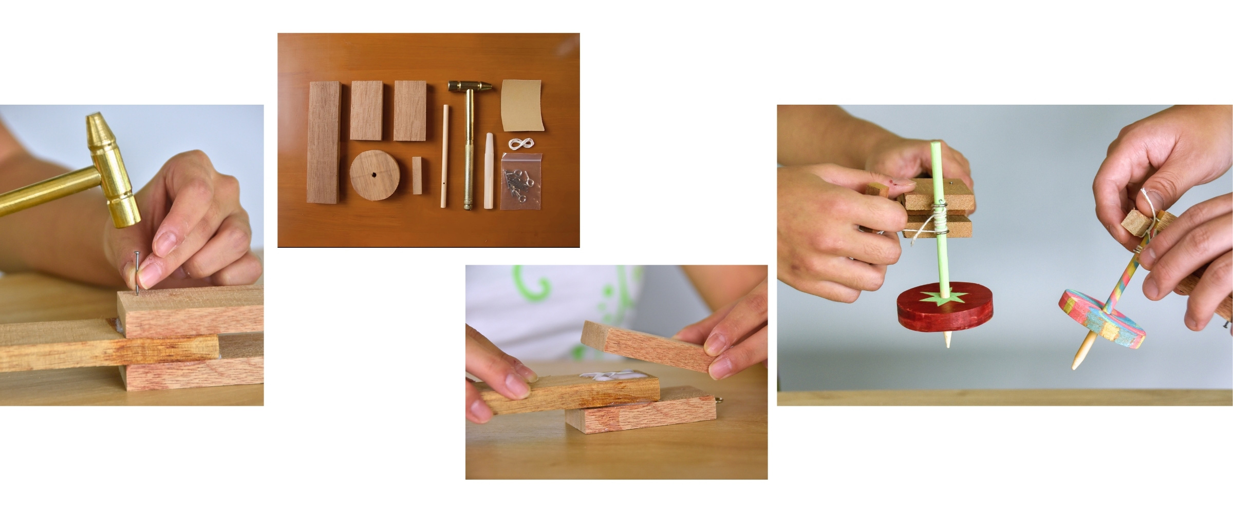 Four photographs: a hand tapping a nail with the brass hammer, a flat lay of all the kit parts, hands assembling the wooden launcher, and two hands launching the finished spinning tops