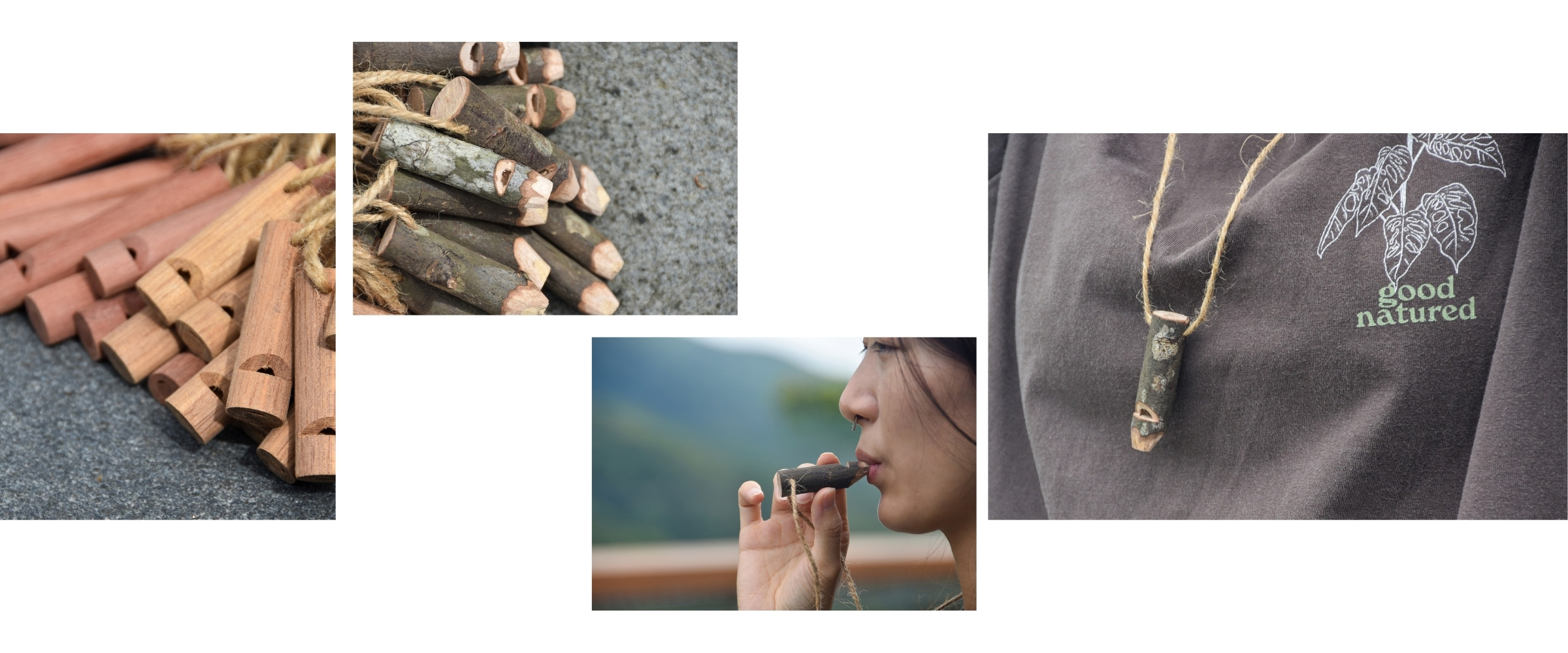 Four photographs: a close-up of the minimalist whistles, branch whistles with jute cords on stone, someone blowing a whistle outdoors, and a branch whistle worn as a necklace